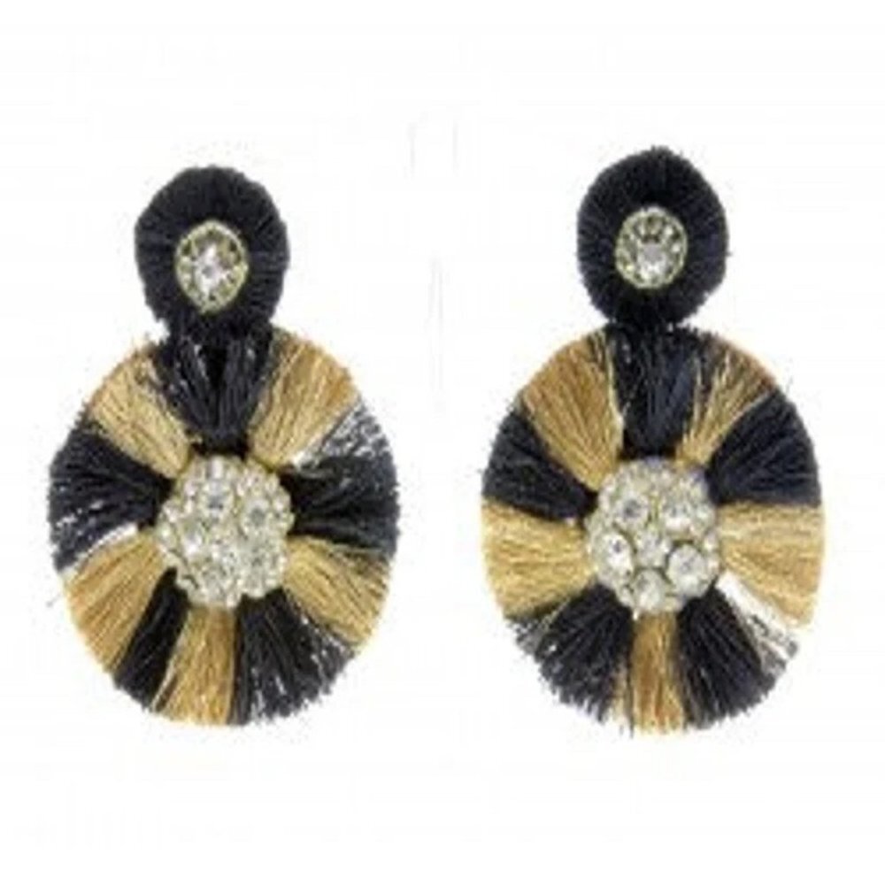 Black and Gold Round Tassel Dangle Rhinestone Post Earrings~Saints Earrings